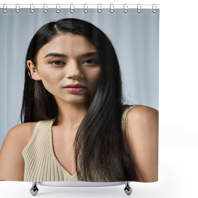 Personality  A Young Woman With Long, Dark Hair Poses Confidently In A Cream-colored, Ribbed Tank Top. Shower Curtains