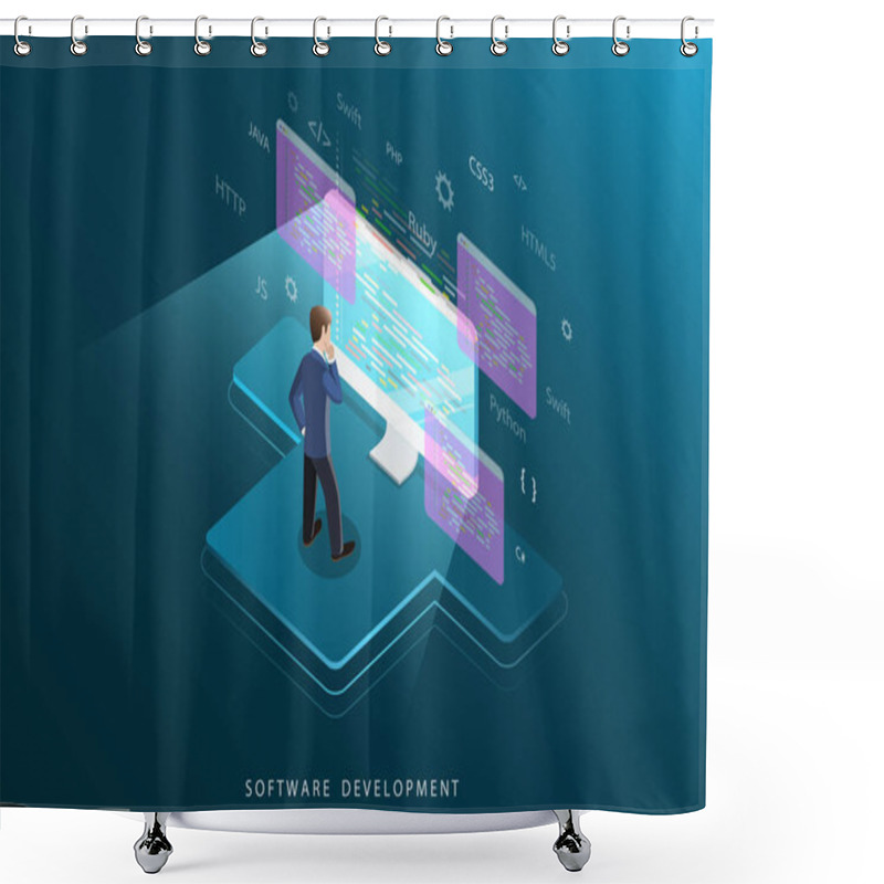 Personality  Software Development Flat Isometric Vector Concept. Shower Curtains