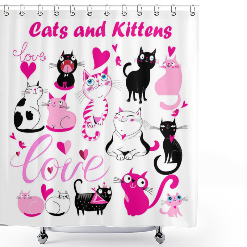 Personality  Vector Set Of Funny Kittens And Cats With Hearts Shower Curtains