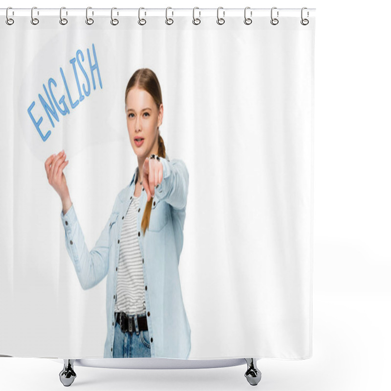 Personality  Girl With Braid Holding Speech Bubble With English Lettering And Pointing At Camera Isolated On White Shower Curtains