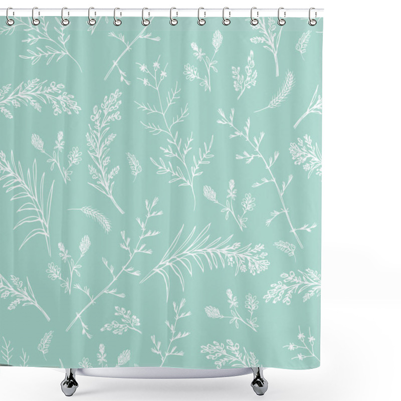 Personality  Abstract Floral Seamless Pattern On Green Background. Small Wildflowers And Spikelets Shower Curtains