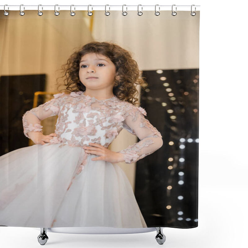 Personality  Curly Middle Eastern And Little Girl In Floral Dress With Tulle Skirt Standing With Hands On Hips And Looking Away In Bridal Boutique, Preparation For Wedding, Blurred Background, Golden Accents Shower Curtains