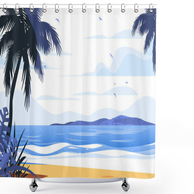 Personality  Beach Landscape With Palm Trees Tropical Island Ocean Waves And Birds Serene Coastal Scenery Blue And Yellow Color Scheme Nature Illustration For Website Banner Vector Illustration Shower Curtains