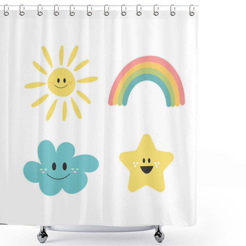 Personality  Cute Hand Drawn Collection With Character Cloud, Rainbow, Sun And Star. Shower Curtains