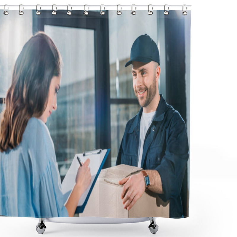 Personality  Woman Sighing Cargo Declaration While Courier Holding Box Shower Curtains