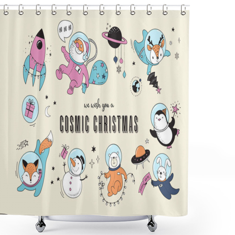 Personality  Cosmic Xmas Illustrations,  With Santa, Penguin, Deer, Fox And A Space Ship  Shower Curtains