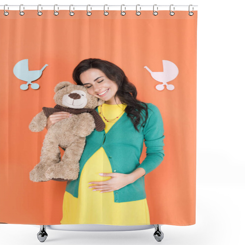 Personality  Happy Pregnant Woman Holding Teddy Bear And Touching Belly With Closed Eyes On Orange Background Shower Curtains