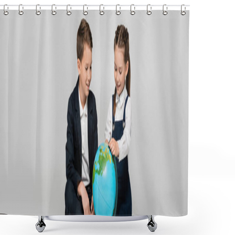 Personality  Happy Schoolgirl And Schoolboy Looking At Globe Isolated On Grey, Banner Shower Curtains