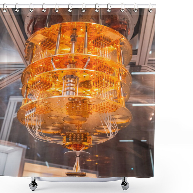 Personality  Detailed Image Showcasing A Quantum Computer Processor With Complex Gold Wiring And Components, Highlighting Advanced Technology In A Modern Laboratory Setting. Shower Curtains