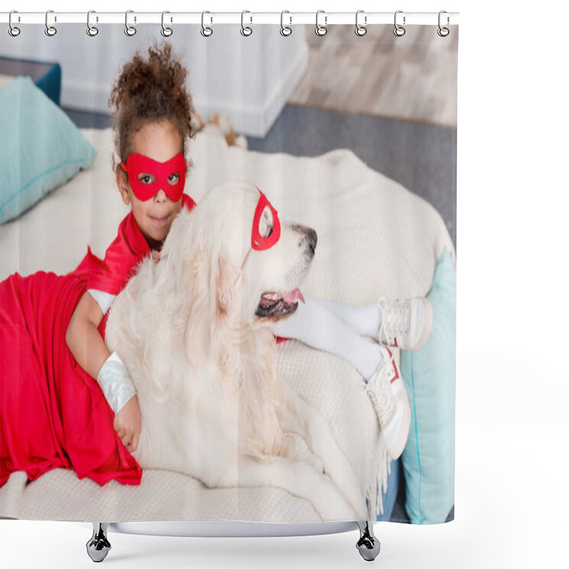 Personality  Cute Little African American Kid With Dog In Red Superhero Costumes Lying On Bed Shower Curtains