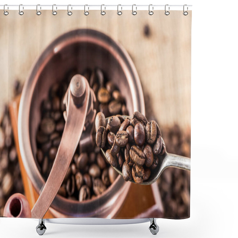 Personality  Coffee Mill With Coffee Beans Shower Curtains