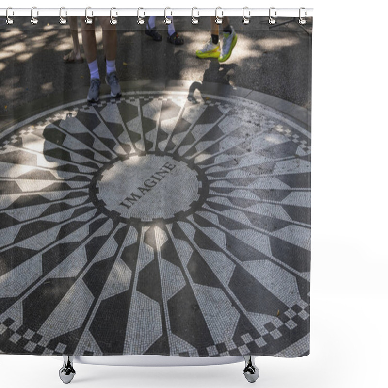 Personality  People Enjoy A Warm Day In Central Park, Standing Near The Iconic Imagine Mosaic Dedicated To John Lennon, Surrounded By A Peaceful Atmosphere And Trees. Shower Curtains