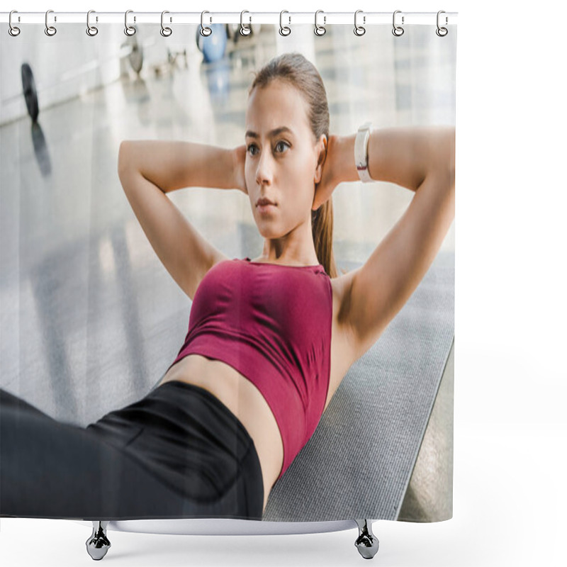 Personality  Determined Fit Sportswoman Doing Abs Exercise On Fitness Mat At Sports Center Shower Curtains