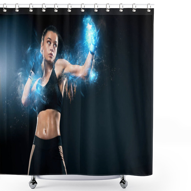 Personality  Sportsman, Woman Boxer Fighting In Gloves On Black Background. Boxing And Fitness Concept. Energy And Motivation. Shower Curtains