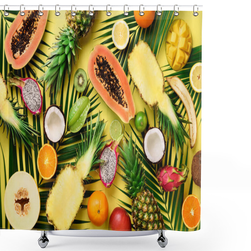 Personality  Exotic Fruits And Tropical Palm Leaves On Pastel Yellow Background - Papaya, Mango, Pineapple, Banana, Carambola, Dragon Fruit, Kiwi, Lemon, Orange, Melon, Coconut, Lime. Top View. Shower Curtains