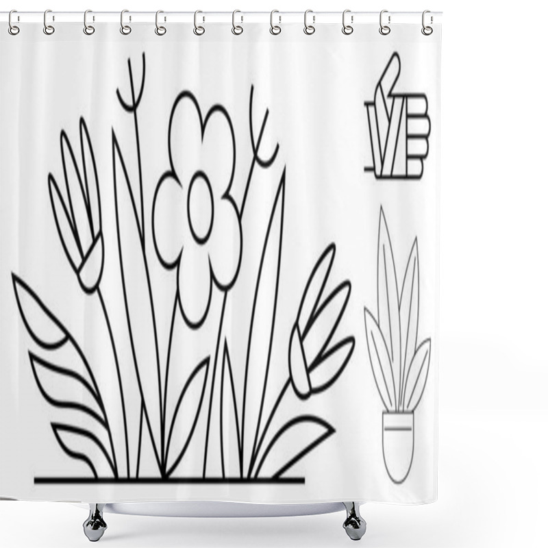 Personality  Flowering Plants With Large Central Bloom And Surrounding Leaves. Upper Right Corner Features A Thumbs-up Hand Gesture And A Potted Plant. Ideal For Gardening, Nature, Minimalism, Simplicity Shower Curtains