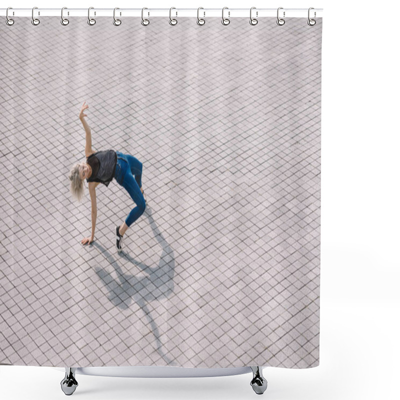 Personality  High Angle View Of Attractive Girl Dancing On City Street Shower Curtains