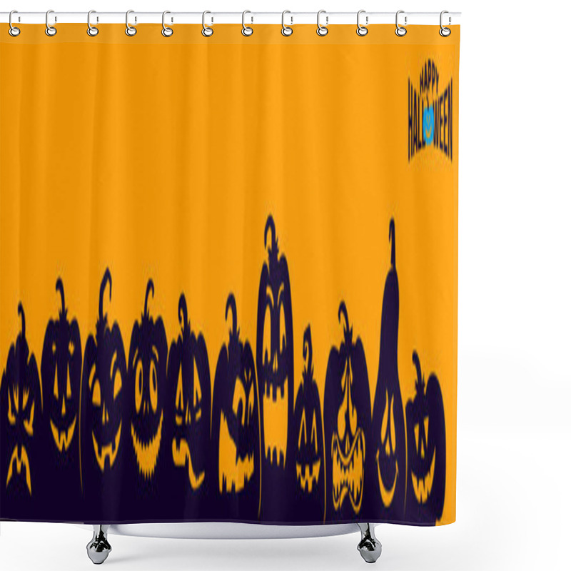 Personality  Pumpkins Silhouette. Halloween Banner Background With Jack O Lantern. Poster, Banner, Flyer. Spider Web With The Spider. Black On White. Lettering. Halloween Party. Flat Design Vector. Shower Curtains