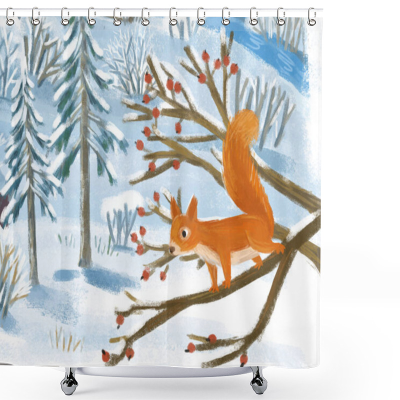 Personality  Cartoon Christmas Scene With City In The Winter With Some Squirrel Illustration For Kids Shower Curtains