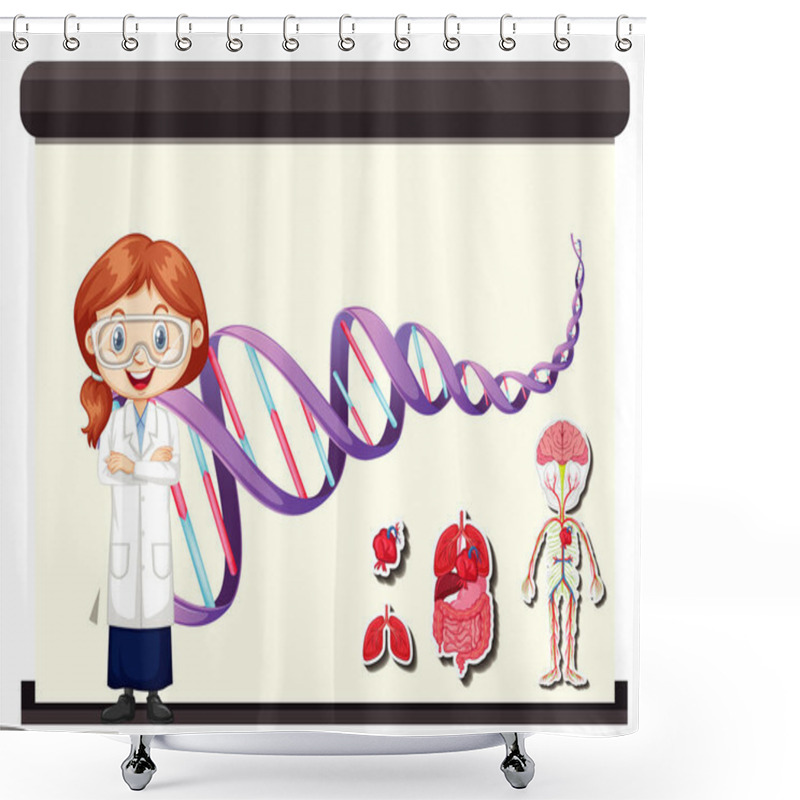 Personality  Scientist With Diagram Showing Human DNA Shower Curtains