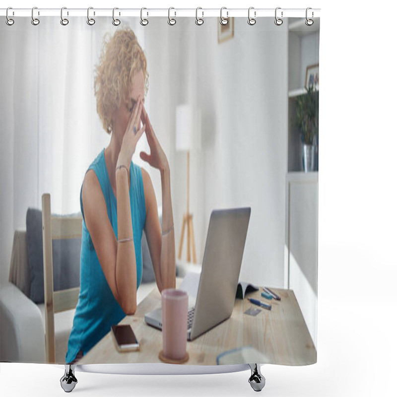 Personality  Woman Working From Home And Being Depressed, Tired With Headache. Modern Concept And Problems With Freelancers. Shower Curtains