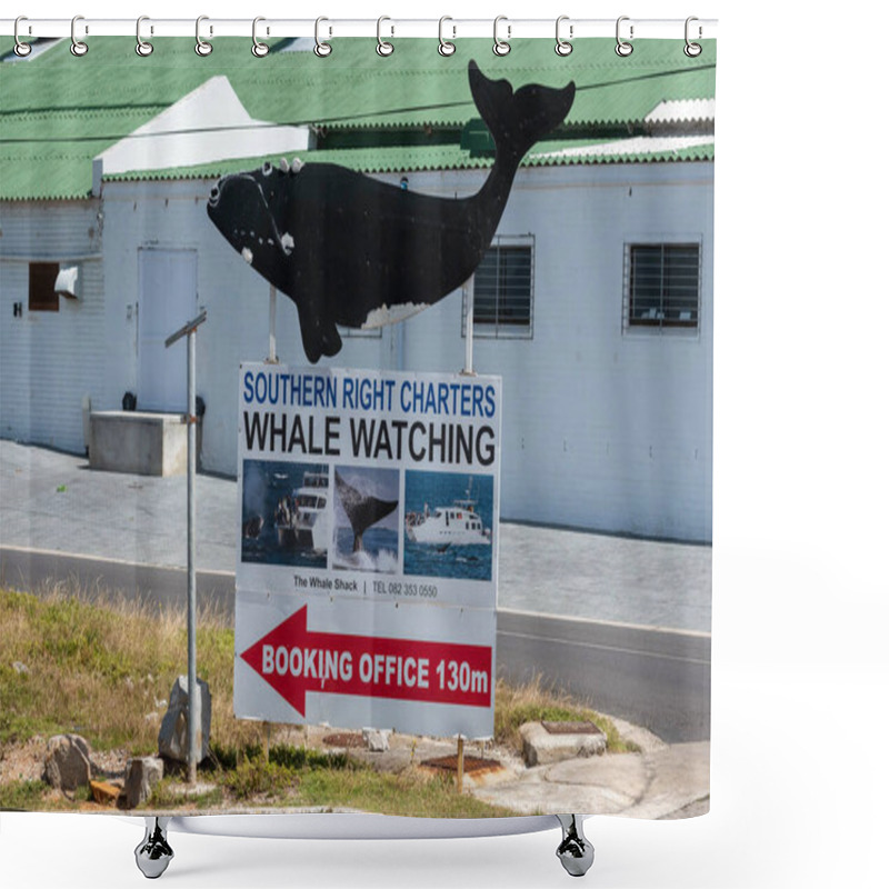 Personality  Hermanus, Western Cape, South Africa. 2019.  A Plastic Whale And Signage To Whale Watching Boats At The New Harbour In Hermanus, Western Cape, South Africa Shower Curtains