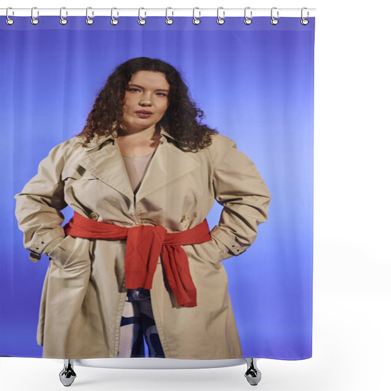 Personality  A Beautiful Plus Size Woman Showcases Her Confidence In A Fashionable Trench Coat With A Chic Belt. Shower Curtains