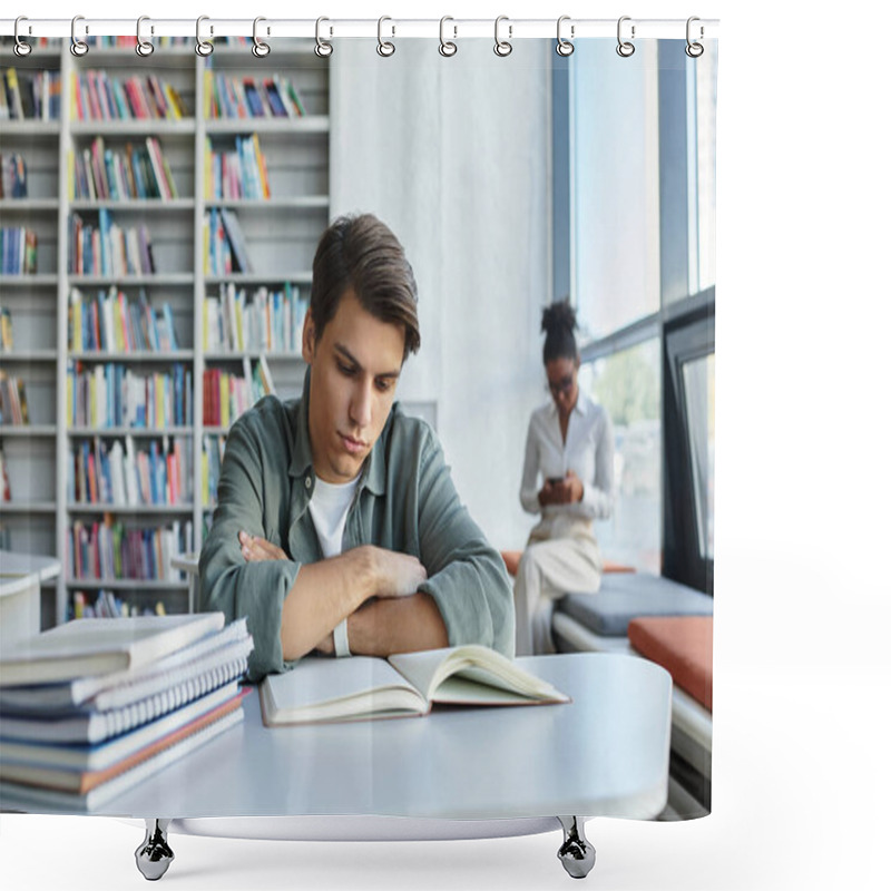 Personality  A Teacher Working On Backdrop And A Young Student Immersed In Reading At A Vibrant Library Space. Shower Curtains