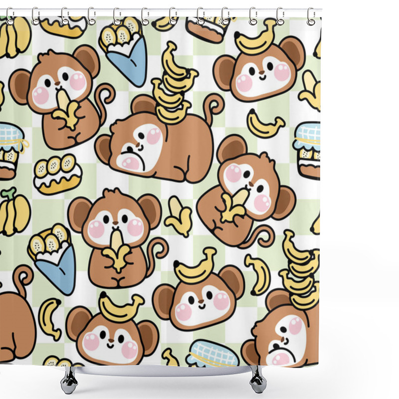 Personality  Seamless Pattern Of Cute Monkey Various Poses In Banana Concept Background.Wild Animal Character Cartoon Design.Bread,bakery,sweet,dessert,fruit Hand Drawn.Kid Graphic.Kawaii.Vector.Illustration. Shower Curtains