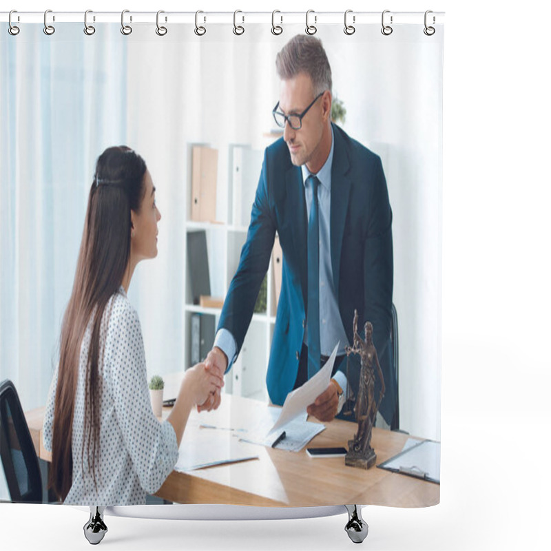 Personality  Professional Lawyer And Young Female Client Shaking Hands In Office Shower Curtains