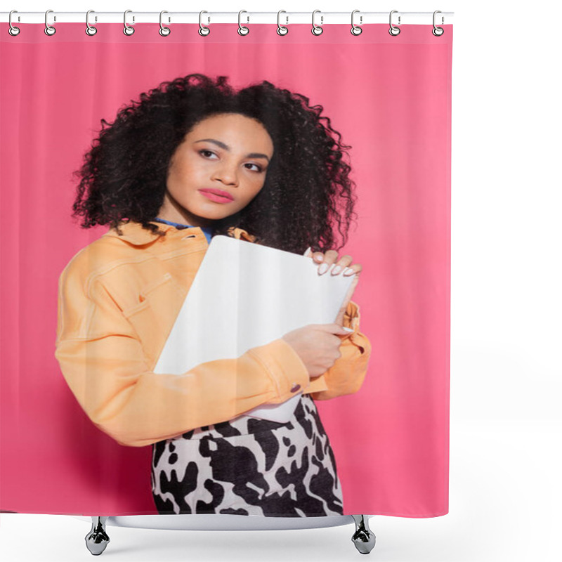 Personality  Curly African American Woman Posing With Laptop On Pink  Shower Curtains