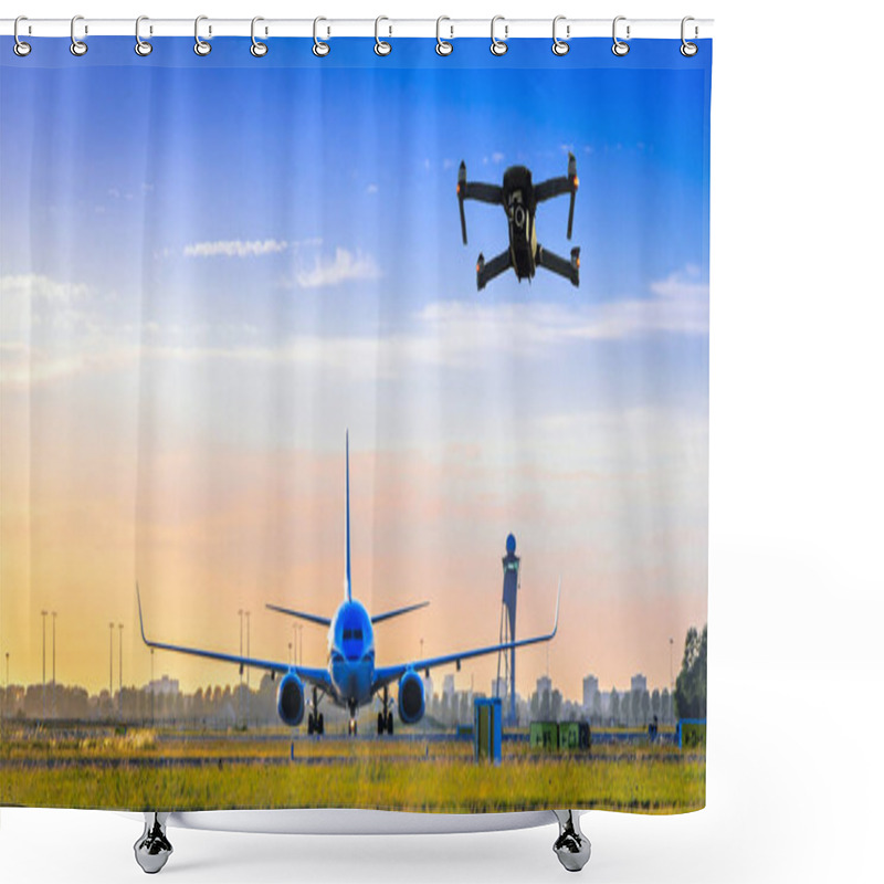 Personality  Unmanned Drone Flying Near Airplane At Airport Shower Curtains