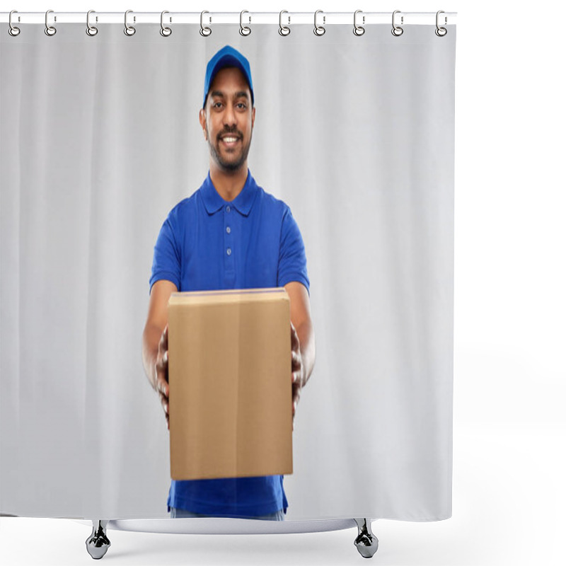 Personality  Happy Indian Delivery Man With Parcel Box In Blue Shower Curtains