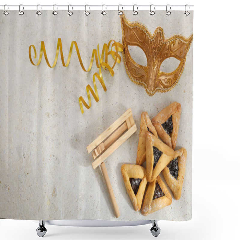 Personality  Jewish Holiday Purim Background With Hamantaschen Or Hamans Ears Cookies, Carnival Mask And Noisemaker Shower Curtains