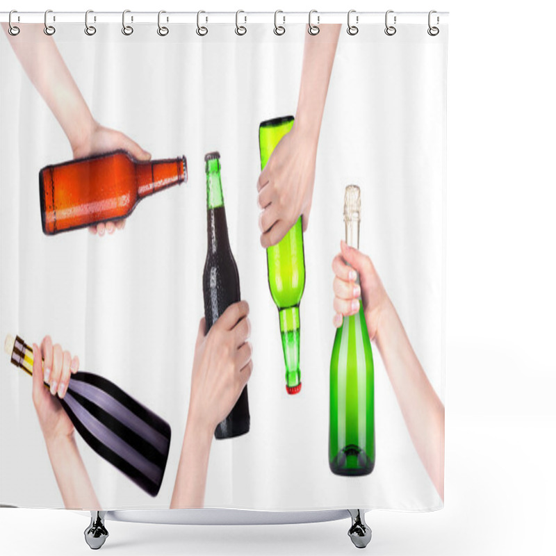 Personality  Bottle Of Beer, Champagne And Wine In A Hand Shower Curtains