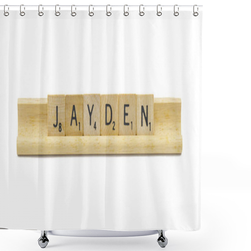 Personality  Miami, FL 4-18-24 Popular Baby Boy First Name Of JAYDEN Made With Square Wooden Tile English Alphabet Letters With Natural Color And Grain On A Wood Rack Holder Isolated On White Background Shower Curtains