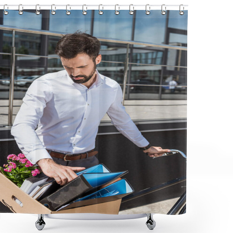 Personality  Young Manager Putting Box Of Personal Stuff On Bicycle Trunk Shower Curtains