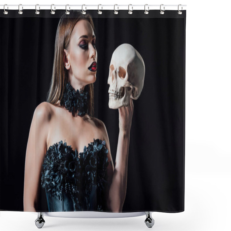 Personality  Scary Vampire Girl In Black Gothic Dress Holding Human Skull Isolated On Black Shower Curtains