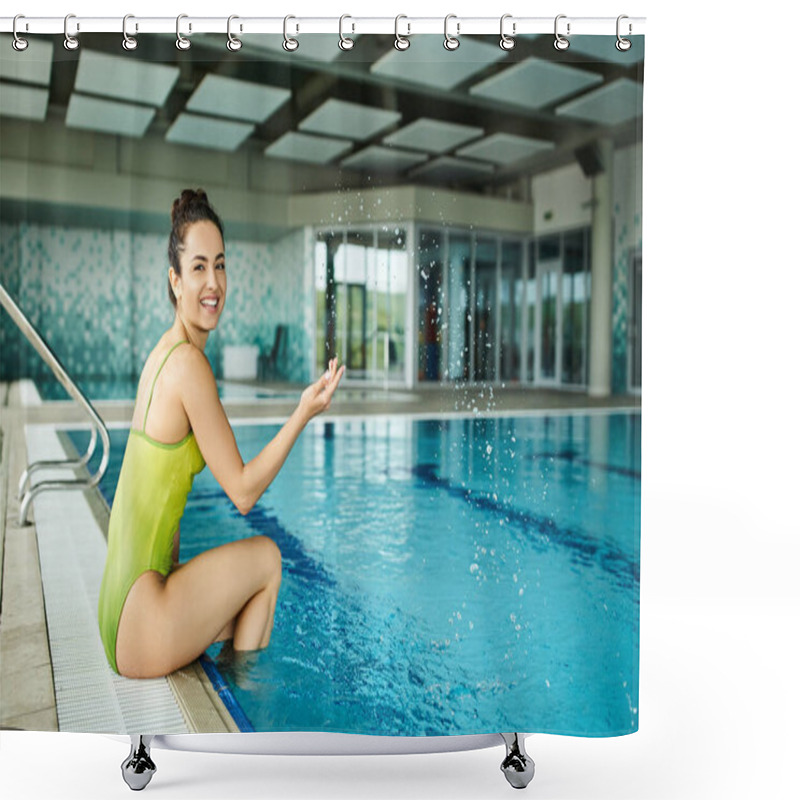 Personality  A Young Brunette Woman In A Swimsuit Sitting On The Edge Of An Indoor Swimming Pool, Finding Peace And Serenity. Shower Curtains