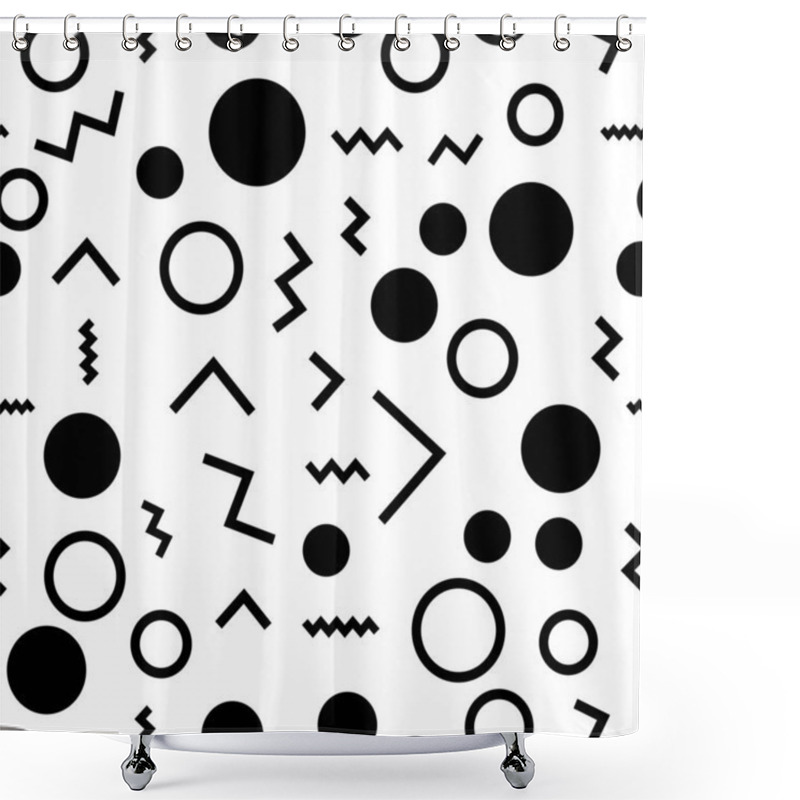 Personality  Seamless Geometric Pattern Featuring Black Circles And Various Zigzag Lines On A White Background, Creating A Visually Striking And Modern Design Suitable For Various Applications Shower Curtains