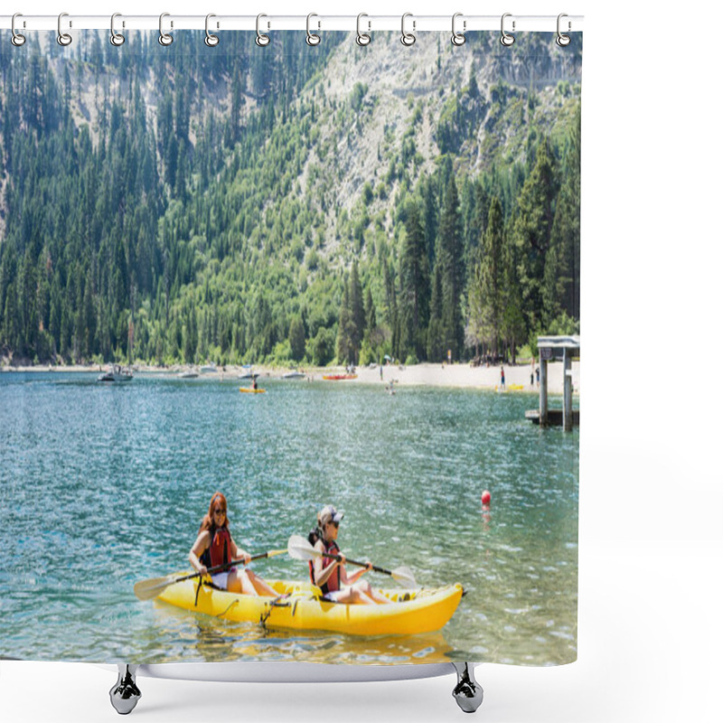 Personality  Two Female Friends Row In A Dual Kayak On Lake Tahoe In Emerald Bay. Concept For Teamwork, Female Friendship, Working Together Shower Curtains