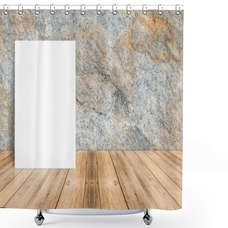 Personality  Blank White Poster Leaning At Tropical Wood Table Top With Dark Stone Wall,Mock Up Background For Adding Content Shower Curtains