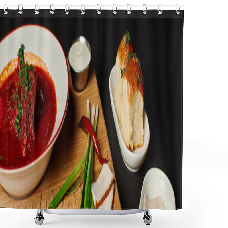 Personality  Tasty Ukrainian Borsch Near Garlic Buns, Pork Lard And Green Onions On Cutting Board, Banner Shower Curtains