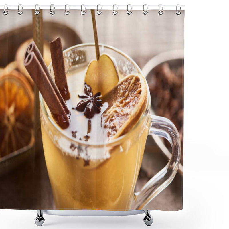 Personality  Close Up View Of Seasonal Traditional Pear Mulled Wine With Spices And Dried Citrus In Glass Shower Curtains