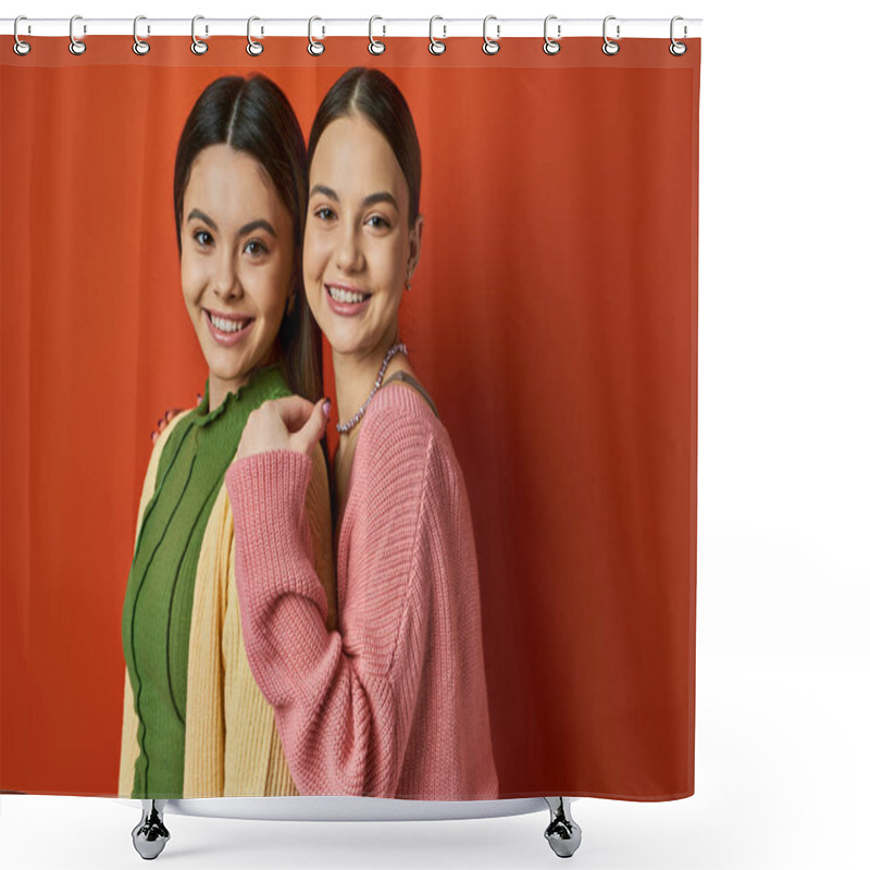 Personality  Two Pretty, Casual-clad, Brunette Teenage Girls Stand Side By Side In Front Of A Vivid Red Wall, Symbolizing Friendship. Shower Curtains