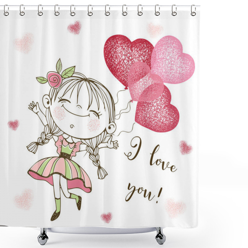 Personality  A Valentine's Day Card. Cute Girl With Balloon Hearts. I Love You. Vector. Shower Curtains