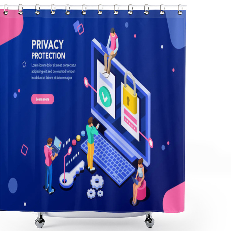 Personality  Infographic, Banner With Hero Protect Data And Confidentiality. Safety And Confidential Data Protection, Concept With Character Saving Code And Check Access. Flat Isometric Vector Illustration. Shower Curtains