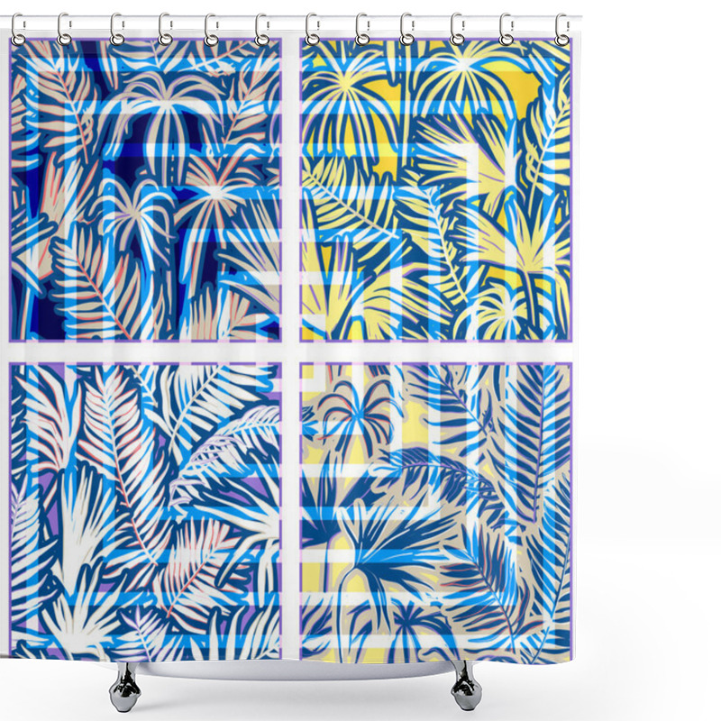 Personality  Vector Seamless Graphical Artistic Tropical Foliage Pattern With Geometric Squares Overlay Shower Curtains