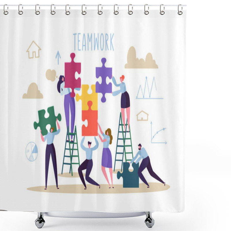 Personality  Business Teamwork Concept. Flat People Characters With Pieces Of Puzzle. Partnership, Solution Cooperation. Vector Illustration Shower Curtains