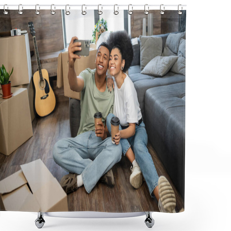 Personality  Joyful African American Couple Taking Selfie And Holding Coffee Near Cardboard Boxes In New House Shower Curtains